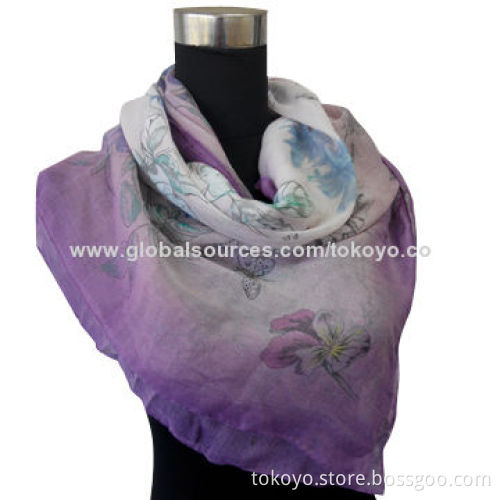 Polyester square scarf with screen printing, made of voile, size of 120*120cm